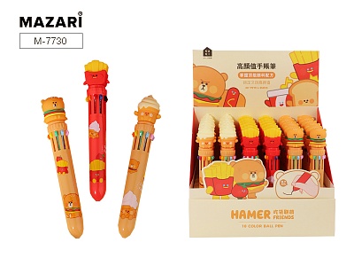 M-7730  Ручка шариковая автоматическая HAMER, 10-ти цв. цветной пластиковый корпус, ассорти 3 дизайна, картонный дисплей